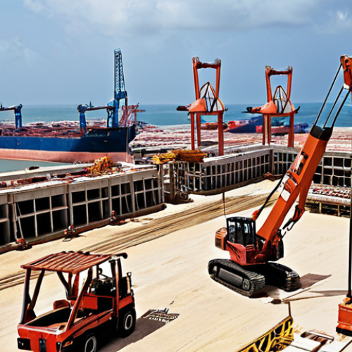 Home 15 **
A bustling construction site at Hambantota Port in Sri Lanka. Chinese and Sri Lankan workers collaborate on building infrastructure. Cranes are visible, and cargo ships are docked in the background. The image should convey both the scale of the project and the collaborative effort, but with a subtle undercurrent of concern about debt. Use a realistic, documentary-style photography aesthetic.
**