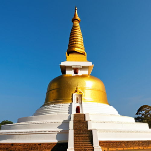Home 14 **Prompt:** Majestic Ruwanwelisaya Dagoba in Anuradhapura, Sri Lanka, bathed in the golden light of late afternoon. Capture the intricate details of the white stupa against a clear blue sky, with pilgrims in traditional attire circumambulating the sacred site. Focus on the serene atmosphere and the spiritual significance of this ancient Buddhist monument.