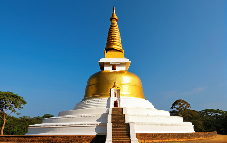 **Prompt:** Majestic Ruwanwelisaya Dagoba in Anuradhapura, Sri Lanka, bathed in the golden light of late afternoon. Capture the intricate details of the white stupa against a clear blue sky, with pilgrims in traditional attire circumambulating the sacred site. Focus on the serene atmosphere and the spiritual significance of this ancient Buddhist monument.