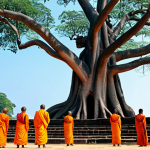 **

"The ancient city of Anuradhapura, Sri Lanka, featuring the Sri Maha Bodhi tree surrounded by Buddhist monks in orange robes. A serene and respectful atmosphere, showcasing the historical significance and spiritual devotion. Background includes ancient ruins and clear blue sky. Fully clothed, appropriate content, safe for work, perfect anatomy, natural proportions, professional photography, high quality, modest."

**