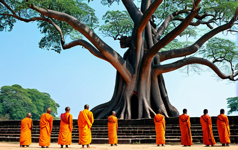 **

"The ancient city of Anuradhapura, Sri Lanka, featuring the Sri Maha Bodhi tree surrounded by Buddhist monks in orange robes. A serene and respectful atmosphere, showcasing the historical significance and spiritual devotion. Background includes ancient ruins and clear blue sky. Fully clothed, appropriate content, safe for work, perfect anatomy, natural proportions, professional photography, high quality, modest."

**