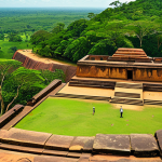 Sigiriya Frescoes**

"A panoramic view of Sigiriya rock fortress in Sri Lanka, showcasing the ancient frescoes of the 'Maidens' on the rock face. Focus on the vibrant colors and intricate details of the paintings, highlighting the artistic skill. Lush green landscape at the base of the rock. Safe for work, appropriate content, fully clothed figures depicted in the frescoes, historical site, professional photography, perfect anatomy (in the frescoes), natural proportions, high quality, family-friendly."

**