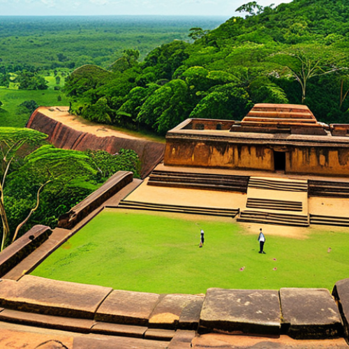 Home 9 Sigiriya Frescoes**
"A panoramic view of Sigiriya rock fortress in Sri Lanka, showcasing the ancient frescoes of the 'Maidens' on the rock face. Focus on the vibrant colors and intricate details of the paintings, highlighting the artistic skill. Lush green landscape at the base of the rock. Safe for work, appropriate content, fully clothed figures depicted in the frescoes, historical site, professional photography, perfect anatomy (in the frescoes), natural proportions, high quality, family-friendly."
**